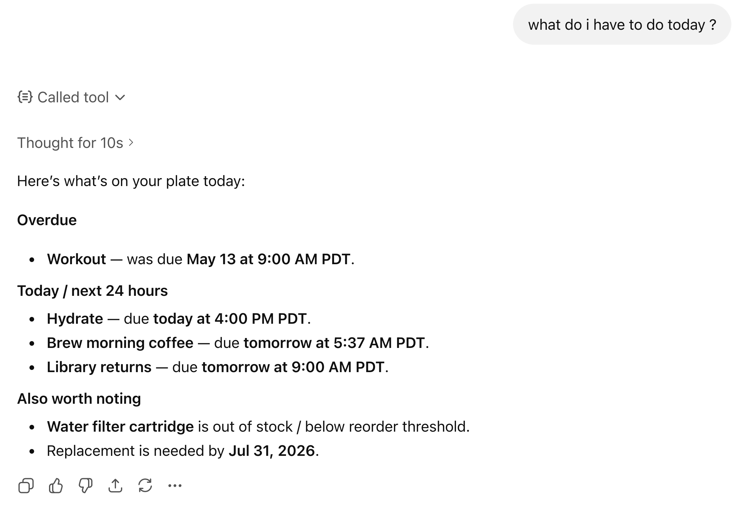 ChatGPT showing today's plan grouped into Overdue, Today/next 24 hours, and Also worth noting — overdue Workout from May 13, upcoming Hydrate, Brew morning coffee, and Library returns, plus a Water filter cartridge out-of-stock note.